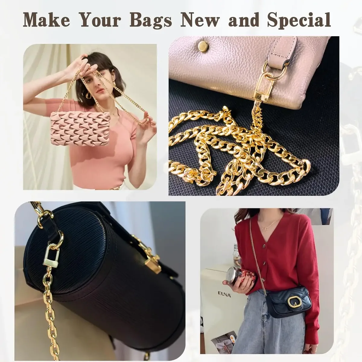 sangle de chaîne de sac à main, sangle de chaîne plate, chaînes de sac à main avec boucles en métal pour portefeuille, sacoche, fourre-tout, sac à bandoulière, remplacement de chaîne