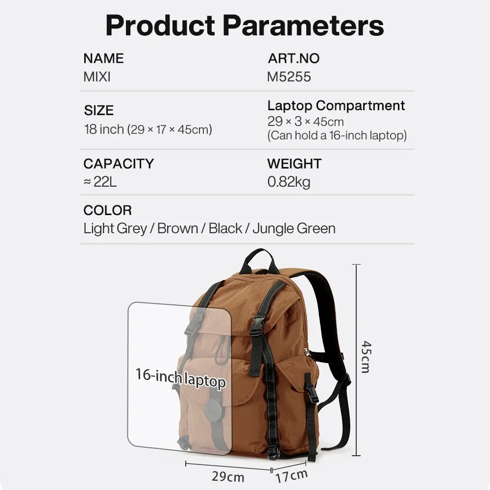 mixi – sac à dos de voyage pour ordinateur portable de 18 pouces, approuvé par le vol, convient à un ordinateur portable de 16 pouces, léger et étanche, pour randonnée