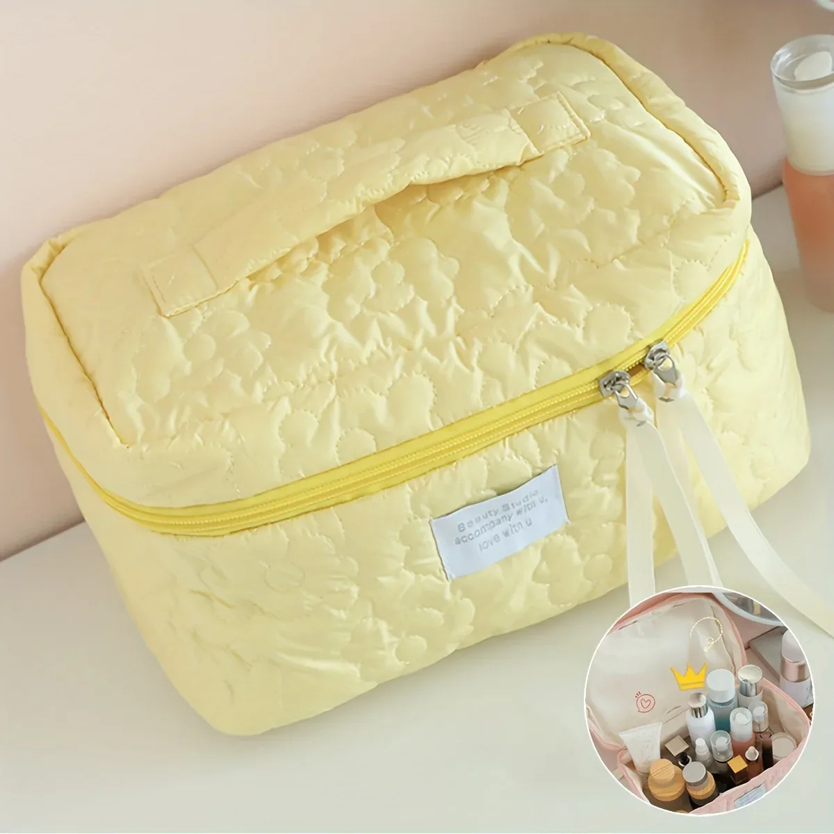 trousse de toilette tendance en tissu doux, grande capacité, couleur bonbon, sac de rangement mignon, trousse de toilette portable de voyage à motif floral pour femme