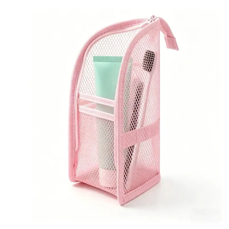 trousse de toilette en maille sur pied pour femmes, organisateur de maquillage portable, étui de voyage imperméable pour brosse à dents, pochette de beauté