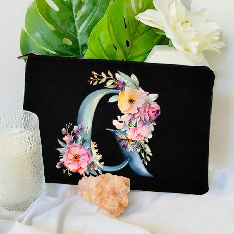 trousse toilette toile noire initiale fleurs maquillage femmes voyage sac cosmétiques intérieur uni poignée glissière