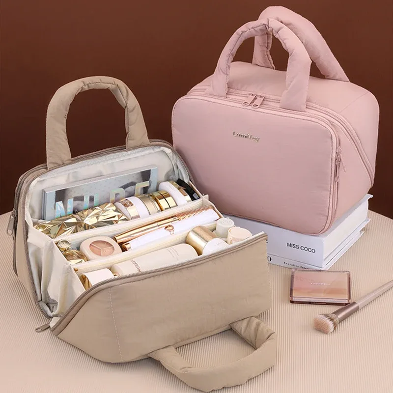 trousse de toilette avec séparateur et poignée, grande capacité, organisateur de maquillage à ouverture large, fermeture éclair, nouveau design, sac cosmétique de voyage mignon