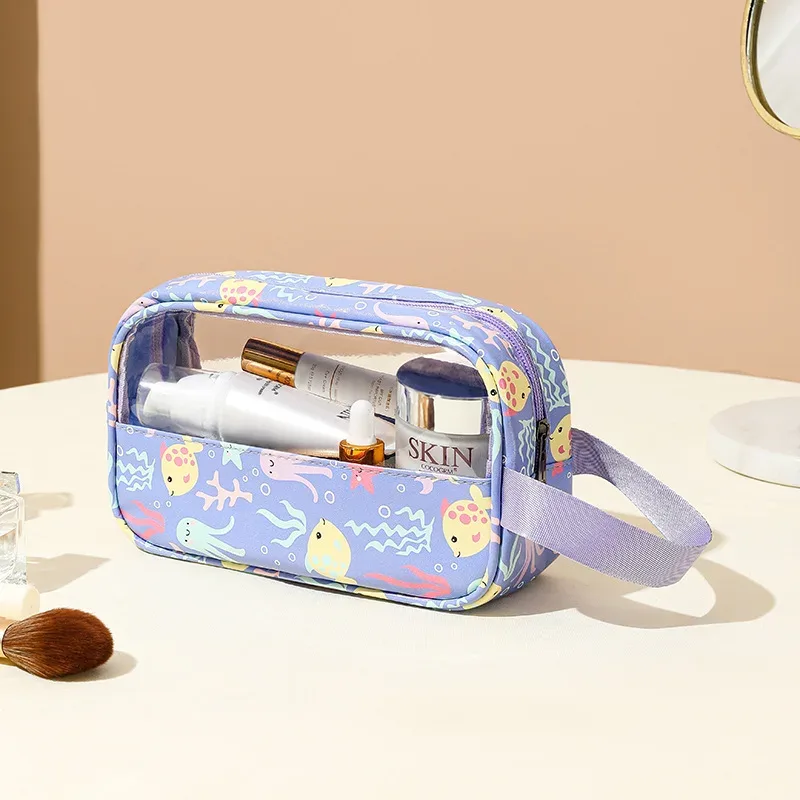 4 pièces sac de maquillage en pvc fleur imprimé sac à main de lavage transparent pochette cosmétique de voyage étanche trousse de toilette pratique porte-monnaie