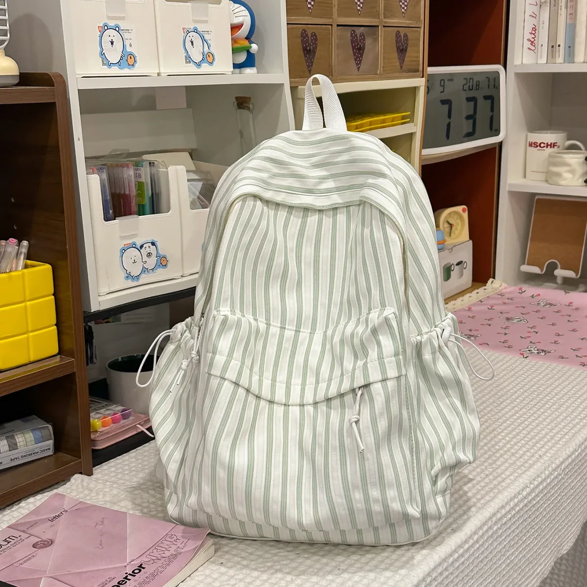 nouveau style japonais, sac à dos décontracté à rayures, grande capacité, pour collégiennes, idéal pour les voyages, sac à dos à double bandoulière pour filles 2026