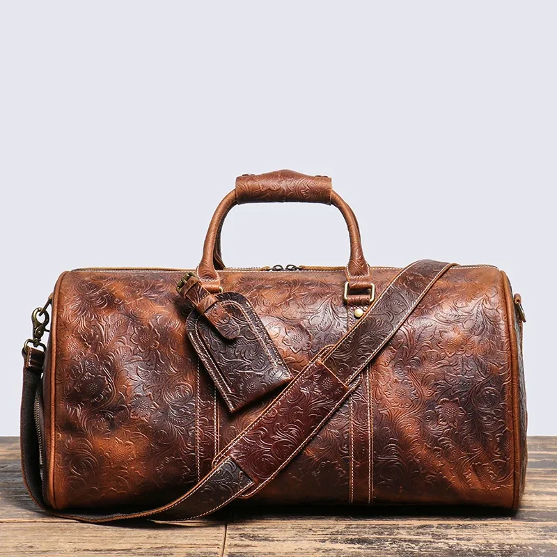 LEATHFOCUS-Sac à main en cuir gaufré vintage pour hommes et femmes, sac de voyage de grande capacité, sac de sport d'affaires, sac de week-end