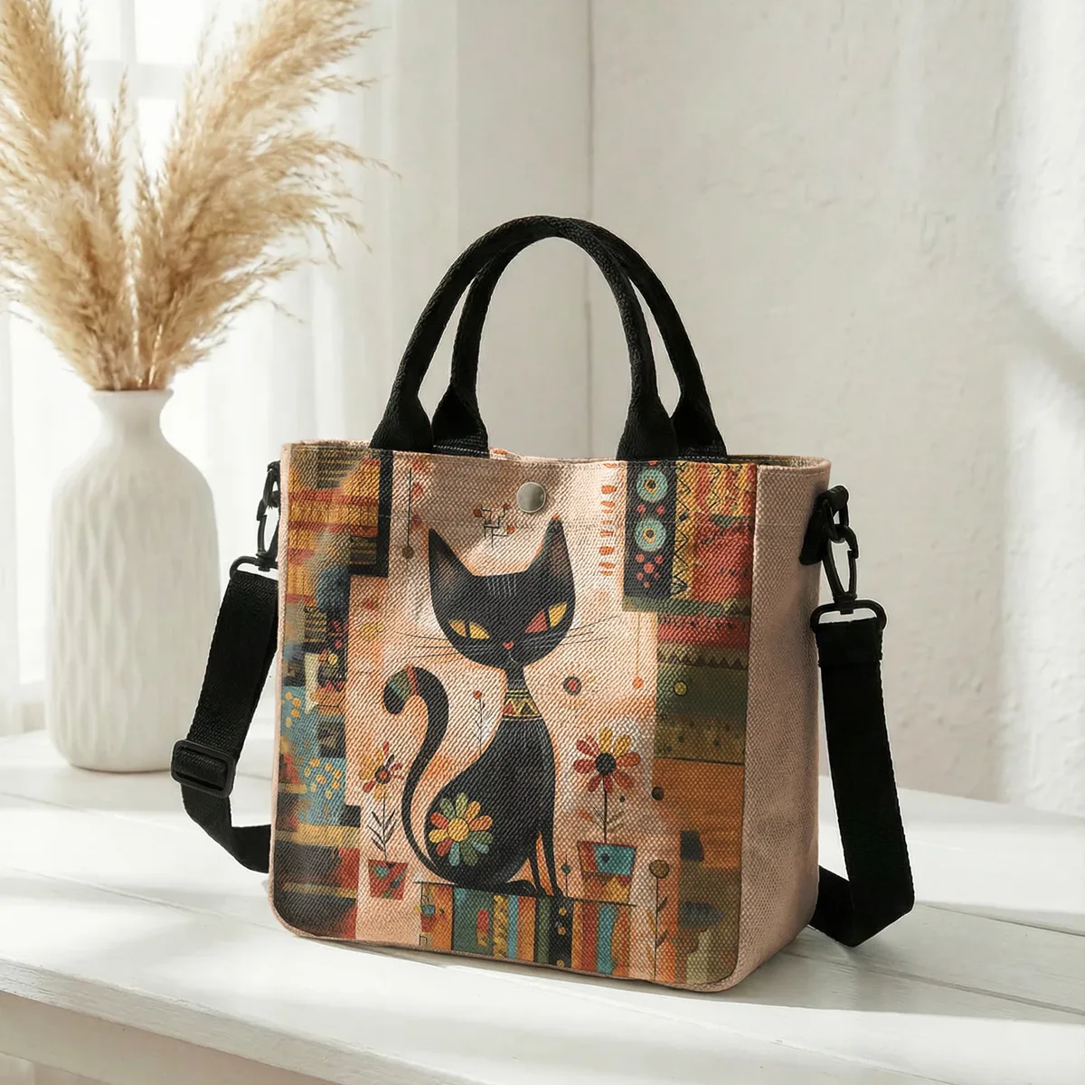 sac fourre-tout avec imprimé artistique de chat noir géométrique abstrait, sac à bandoulière avec sangle détachable pour femmes, pour les courses quotidiennes