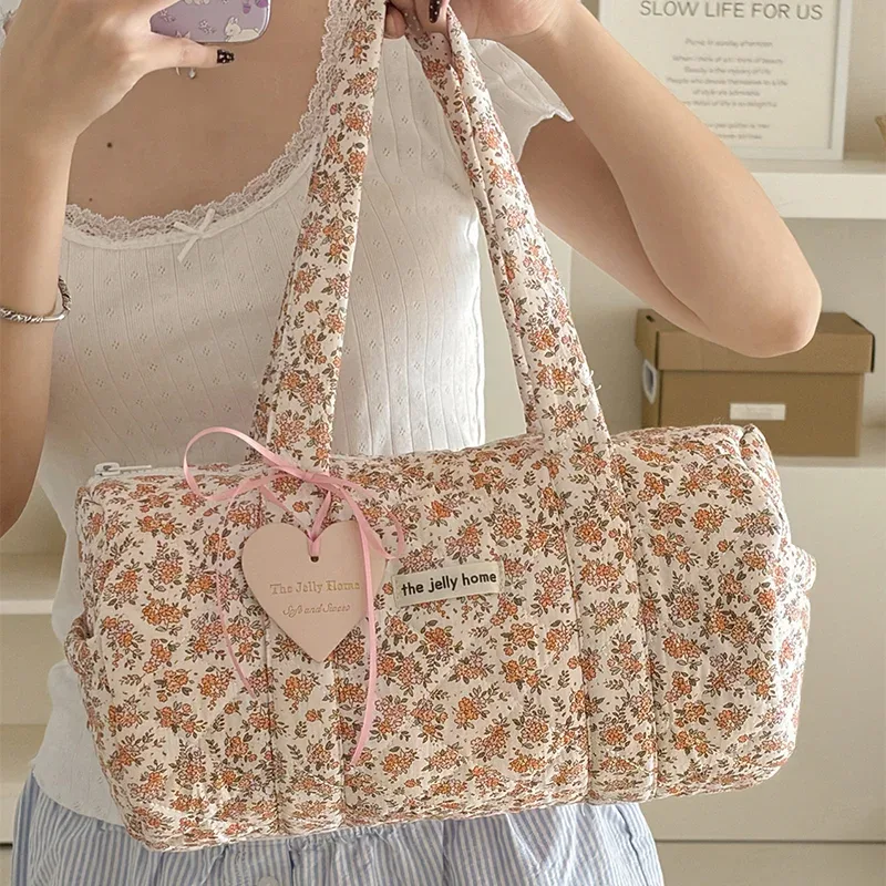 sac à main cylindrique à imprimé floral, trousse de toilette de voyage portable, pochette de rangement à grande capacité, trousse de toilette cosmétique pour femme en plein air