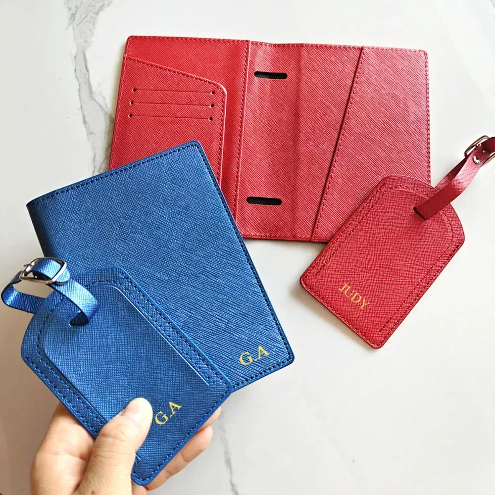 porte-passeport saffiano de voyage avec initiales personnalisées, ensemble d'étiquettes de bagage, boîte-cadeau, nom personnalisé, logo, accessoires de voyage pour femmes et hommes