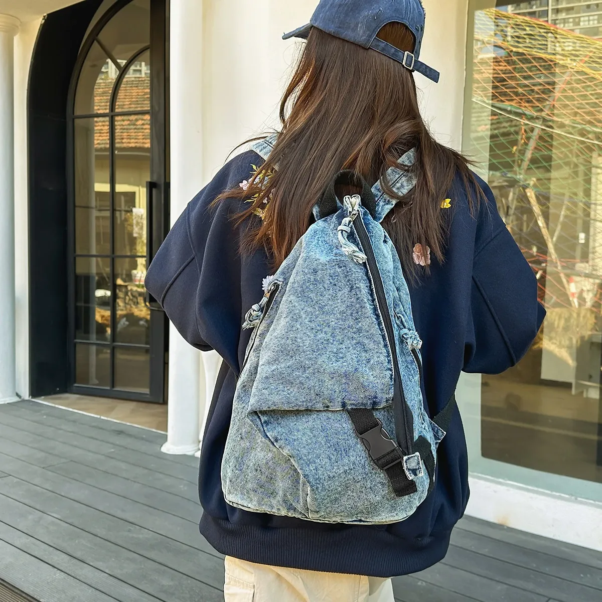 sacs à dos en denim vintage délavé au design irrégulier pour femme, pour les voyages en plein air, décontractés, légers, pour l'école