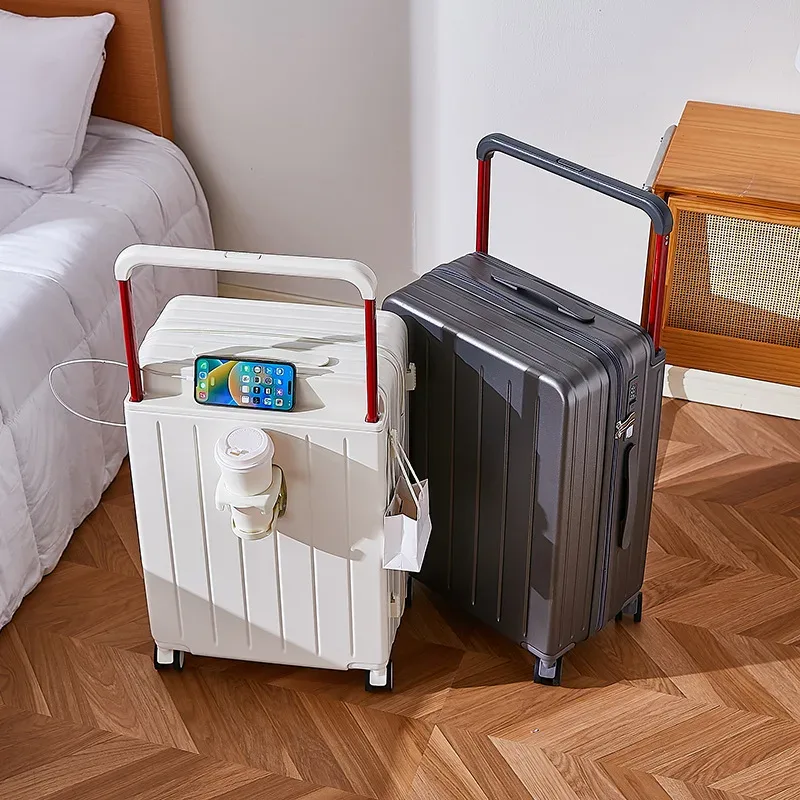 valise pc roulettes toupie poignée support tasse couleur blanche noire bleu pastel format voyage moderne design bandes verticales