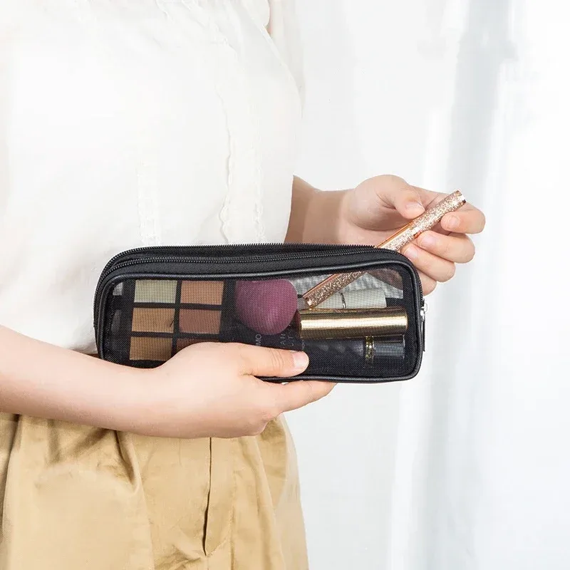 sac de plage en plein air, sac à cosmétiques en maille de nylon, sac de rangement pour pinceaux de maquillage féminin, sac à cosmétiques en maille transparente et respirante portable