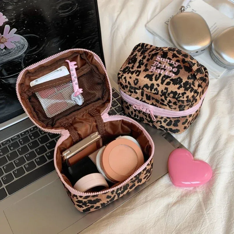 sac de maquillage en tissu léopard rose brun, grande capacité, trousse de toilette de voyage pour femmes, rangement cosmétique