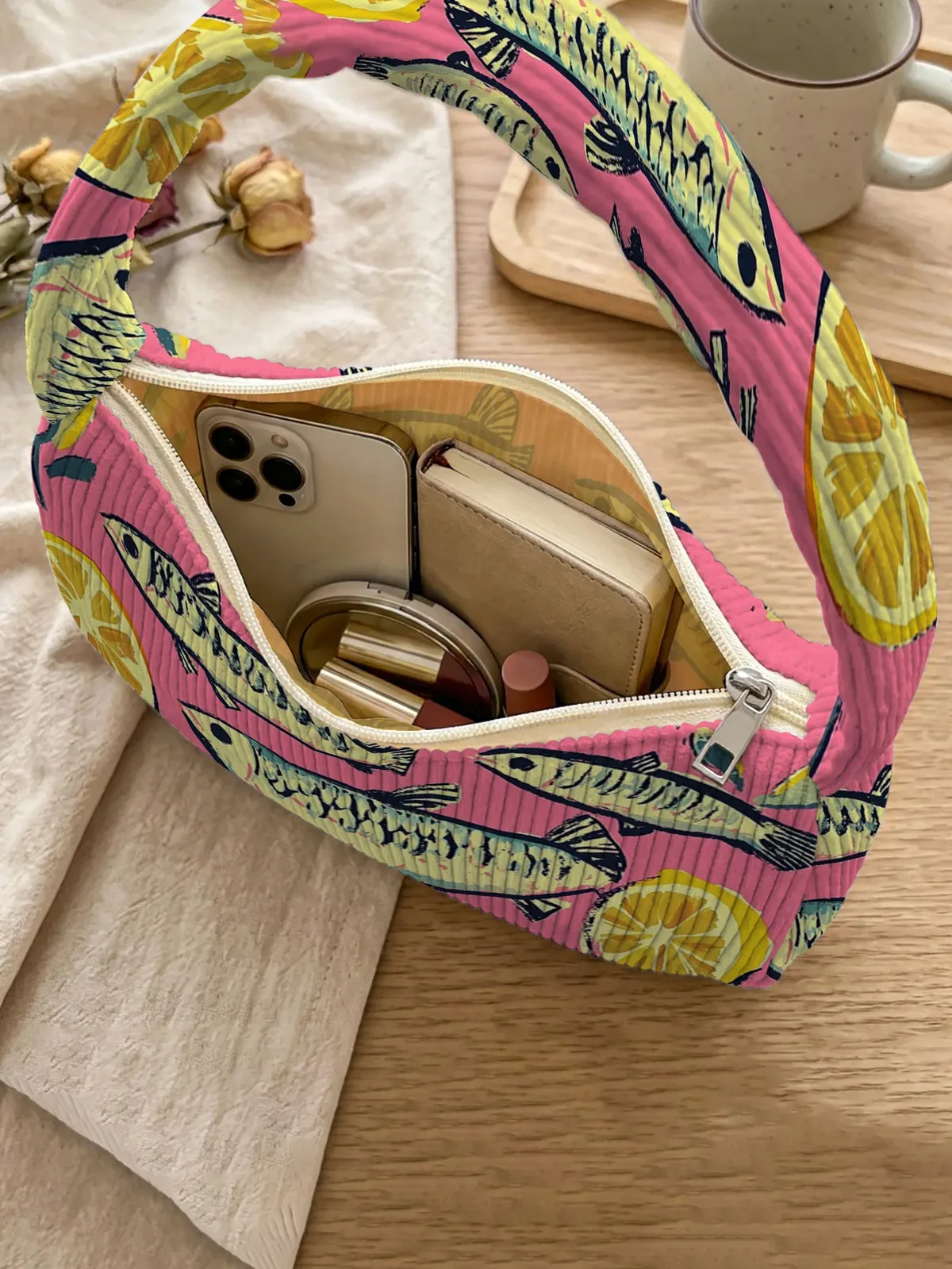 sac à bandoulière tendance imprimé poissons et citrons, sac sous le bras en velours côtelé rose pour un usage quotidien décontracté