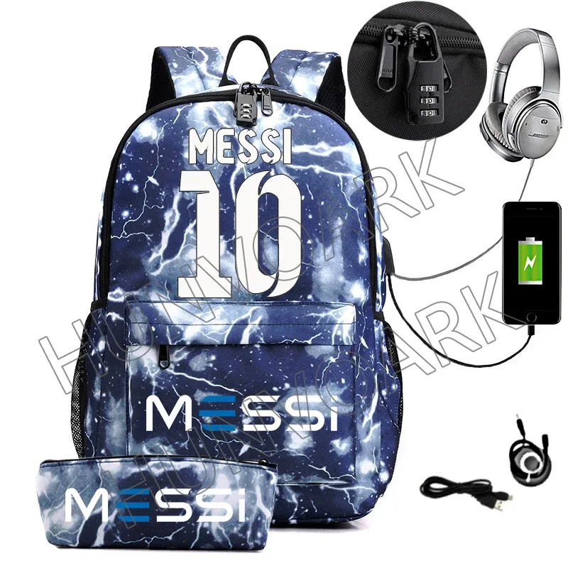 messi-sac à dos étanche avec chargeur usb, sac à dos de voyage décontracté, grande capacité, sacs d'école pour ordinateur portable, hommes et femmes