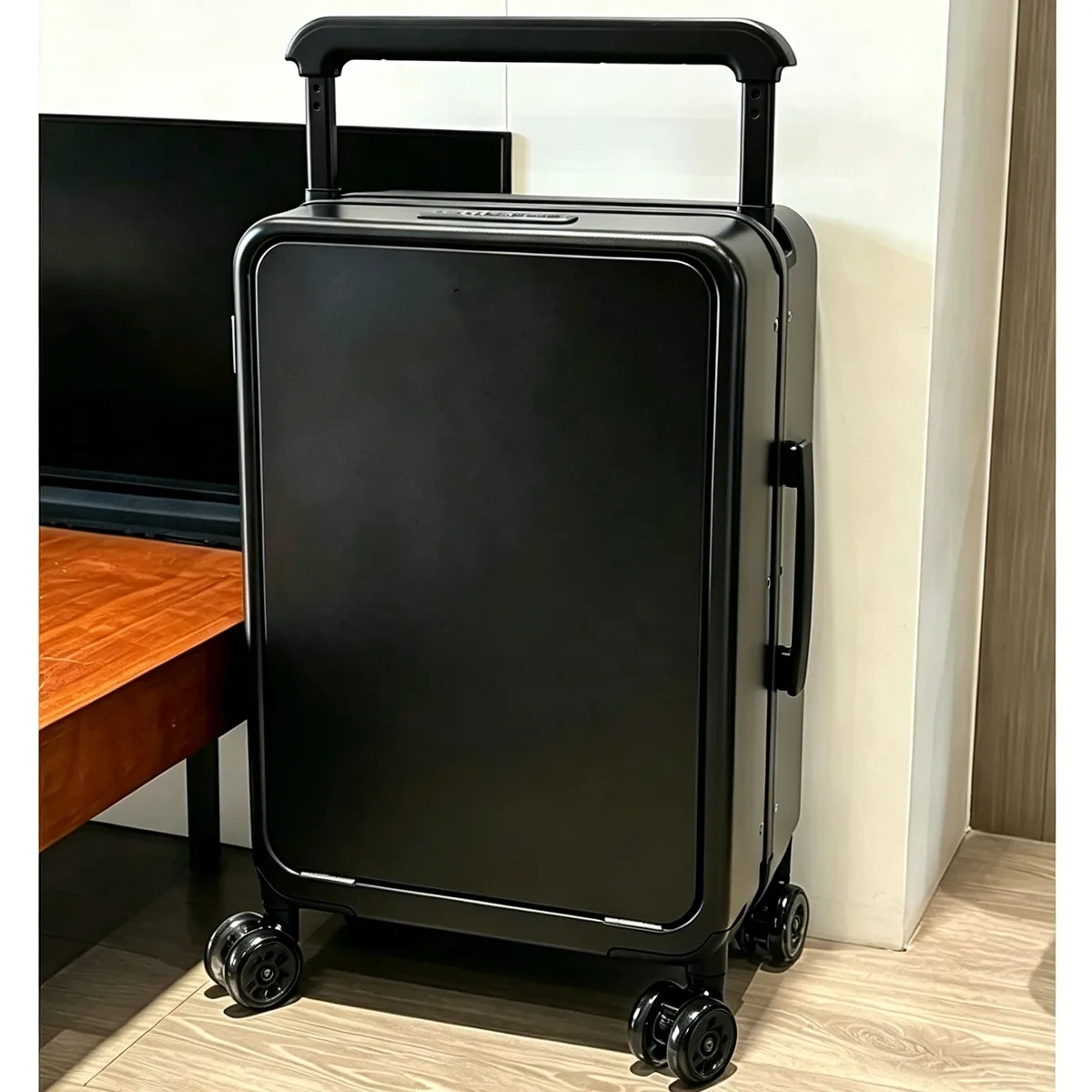 valise à roulettes avec poche pour ordinateur portable à ouverture frontale, poignée large, valise de voyage 20 pouces, bagage à main, cadre en aluminium, valise trolley
