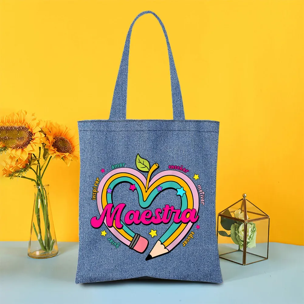 sac fourre-tout en denim peint pour enseignant arc-en-ciel, sacs de shopping pour femmes, sacs à main de voyage, fourre-tout pour la journée des enseignants, cadeaux de remerciement pour les enseignants