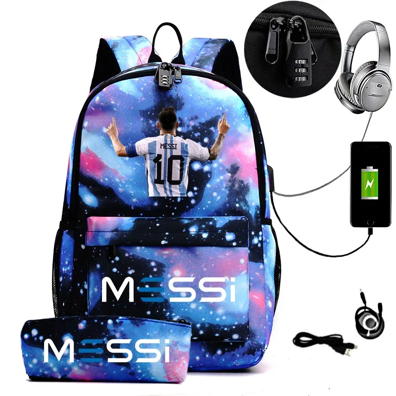 sac à dos de sport messi camouflage pour femmes et hommes, sac à dos pour ordinateur portable pour adolescents, étudiants, sac à dos orthopédique de voyage avec trousse à crayons 2 pièces