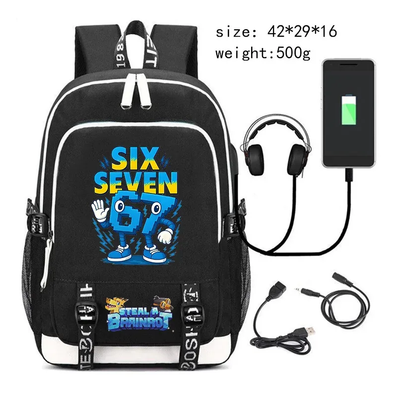 sac à dos steal a brainrot avec chargement usb, sac à dos pour étudiants, sacs d'école imprimés 67 six seven, sac à dos de voyage pour adolescents, sac à dos pour hommes