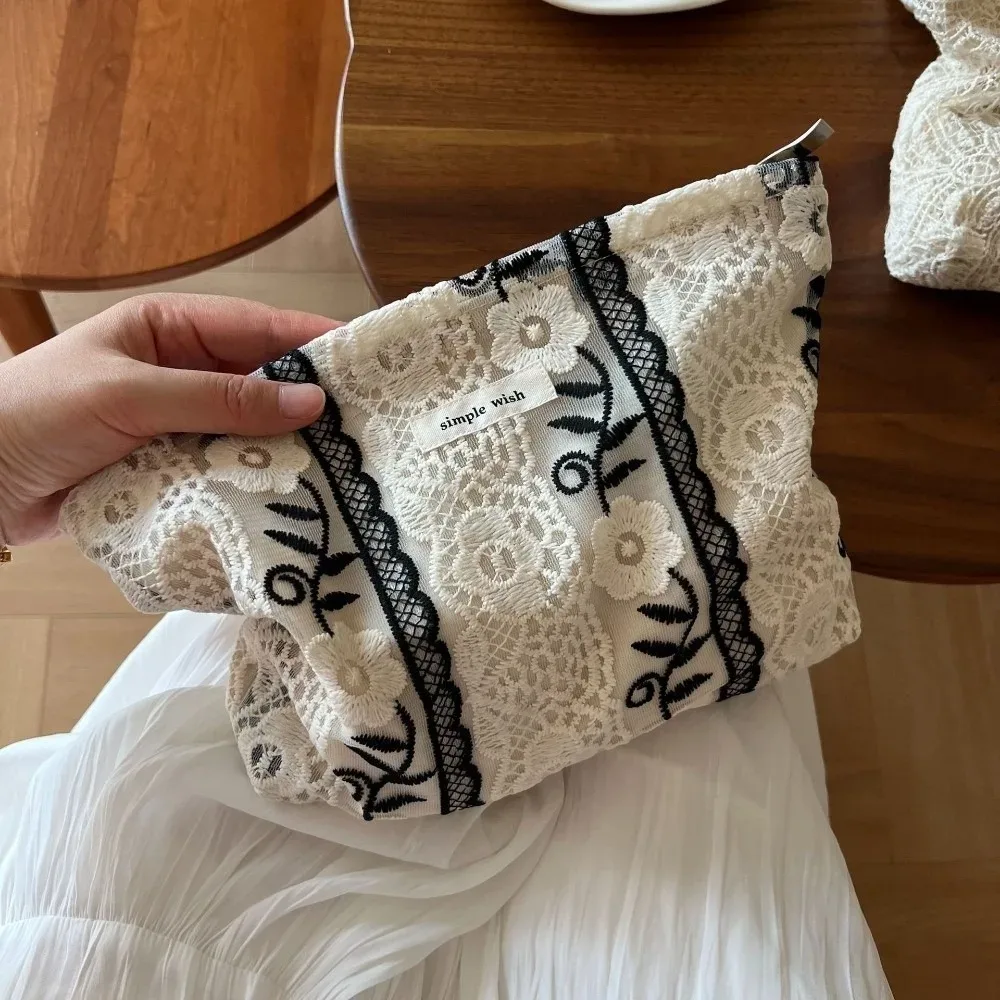 trousse de maquillage élégante style bohème broderie florale sac cosmétique organisateur en dentelle grande capacité sac de voyage pour femme