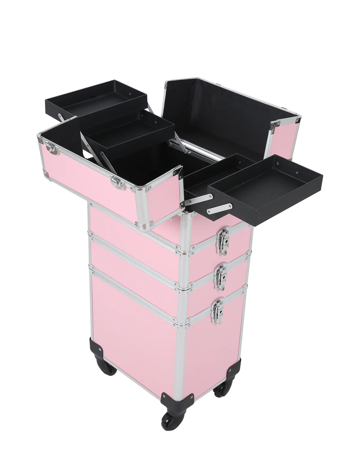 trousse de maquillage professionnelle 4 en 1, étui à cosmétiques roulant en aluminium sur roulettes, organisateur de maquillage d'artiste, rangement avec plateaux