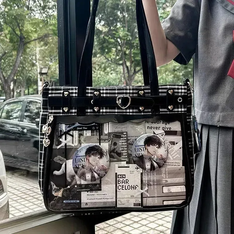 femmes mode motif à carreaux rétro ita sac mignon fille transparent grande capacité sac fourre-tout bricolage affichage sac à main nouveau sac à bandoulière