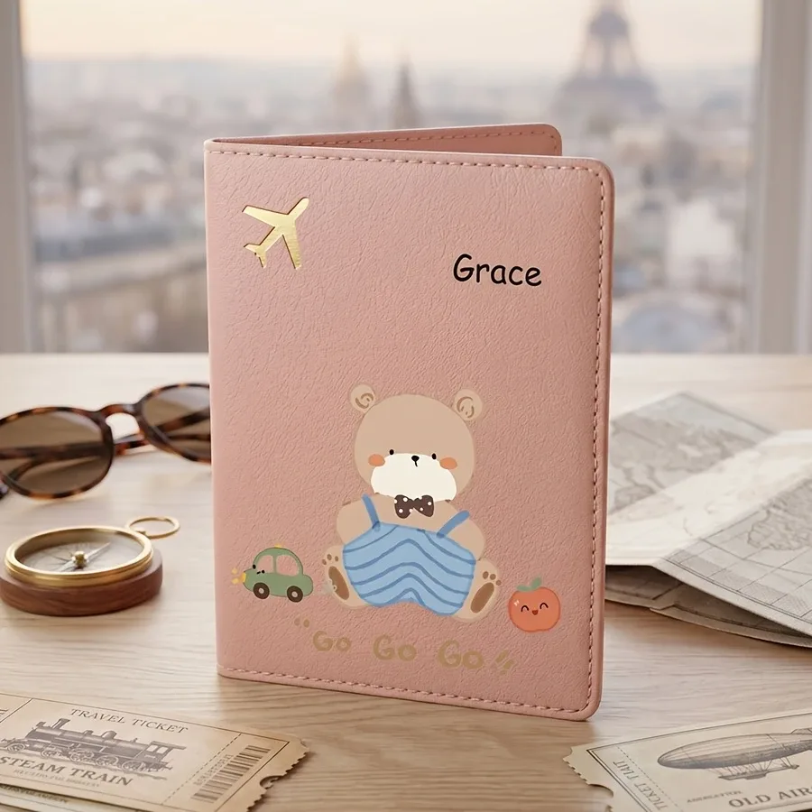 porte-passeport personnalisé avec housse de protection - nom/texte personnalisé, motif ours de dessin animé mignon