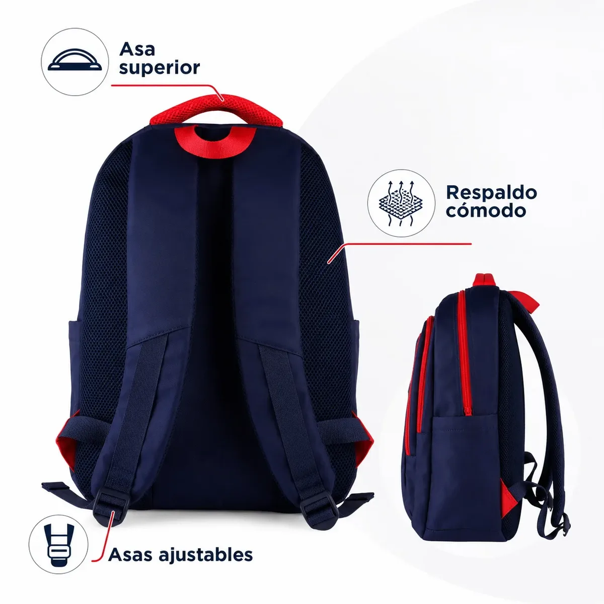 sac à dos scolaire la roja de l'équipe nationale de football espagnole "la roja", produit officiel sous licence. sac à dos de football de l'équipe nationale 43x30x18cm rouge et bleu marine avec compartiments.
