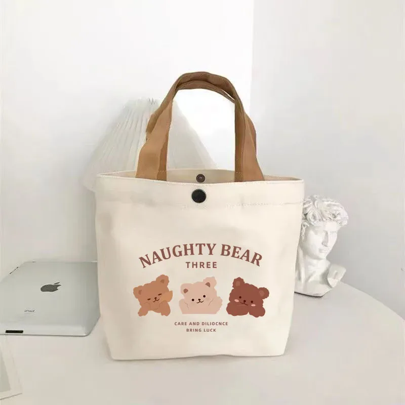 sac en toile motif ours mignon, sac à main polyvalent, sac fourre-tout pour étudiants, sac de shopping, sac à déjeuner pour employés de bureau, sac bento, sac cadeau idéal pour femmes.