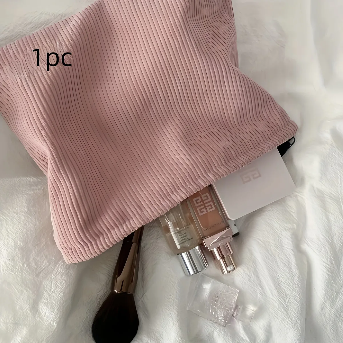 sac de maquillage et pochette de rangement en velours côtelé de grande capacité pour femme - fermeture éclair robuste, disponible en rose/vert, adapté à un usage quotidien, aux voyages d'affaires, sac de toilette et de maquillage léger pour les voyages, accessoires en métal doré