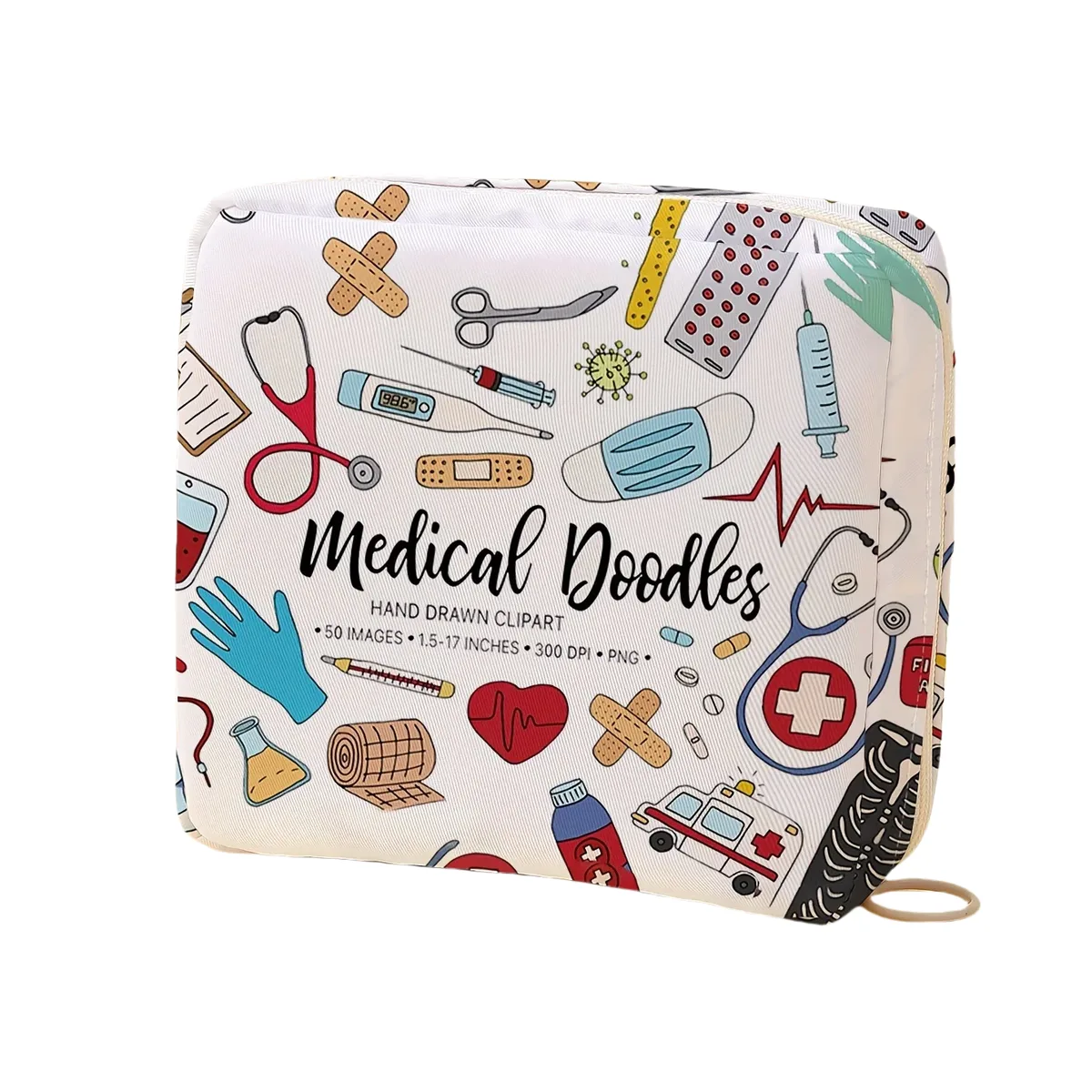 trousse polyester motifs médicaux blanc beige petite format carré zippée cosmétiques maquillage voyage santé soins visage