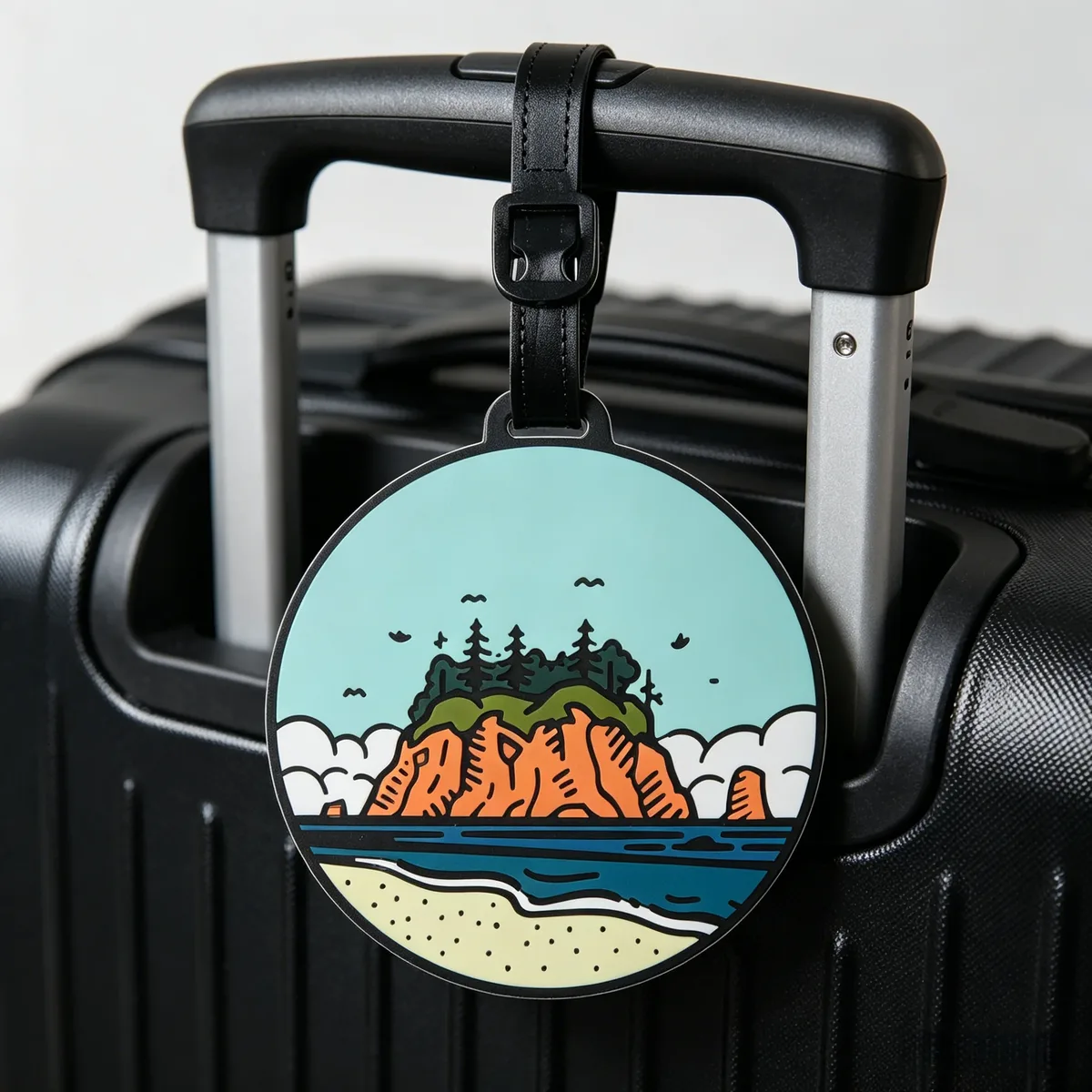étiquette bagage pvc motifs paysagers colorés voyage amateurs plein air navetteurs montagnes lacs forêts nuages lunes