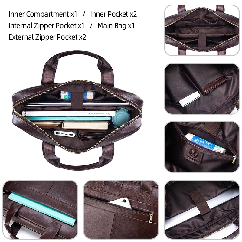 porte-documents en cuir véritable pour hommes, sac d'affaires de luxe souple, compatible avec ordinateur portable de 15.6 pouces, sac à main léger pour les déplacements au bureau