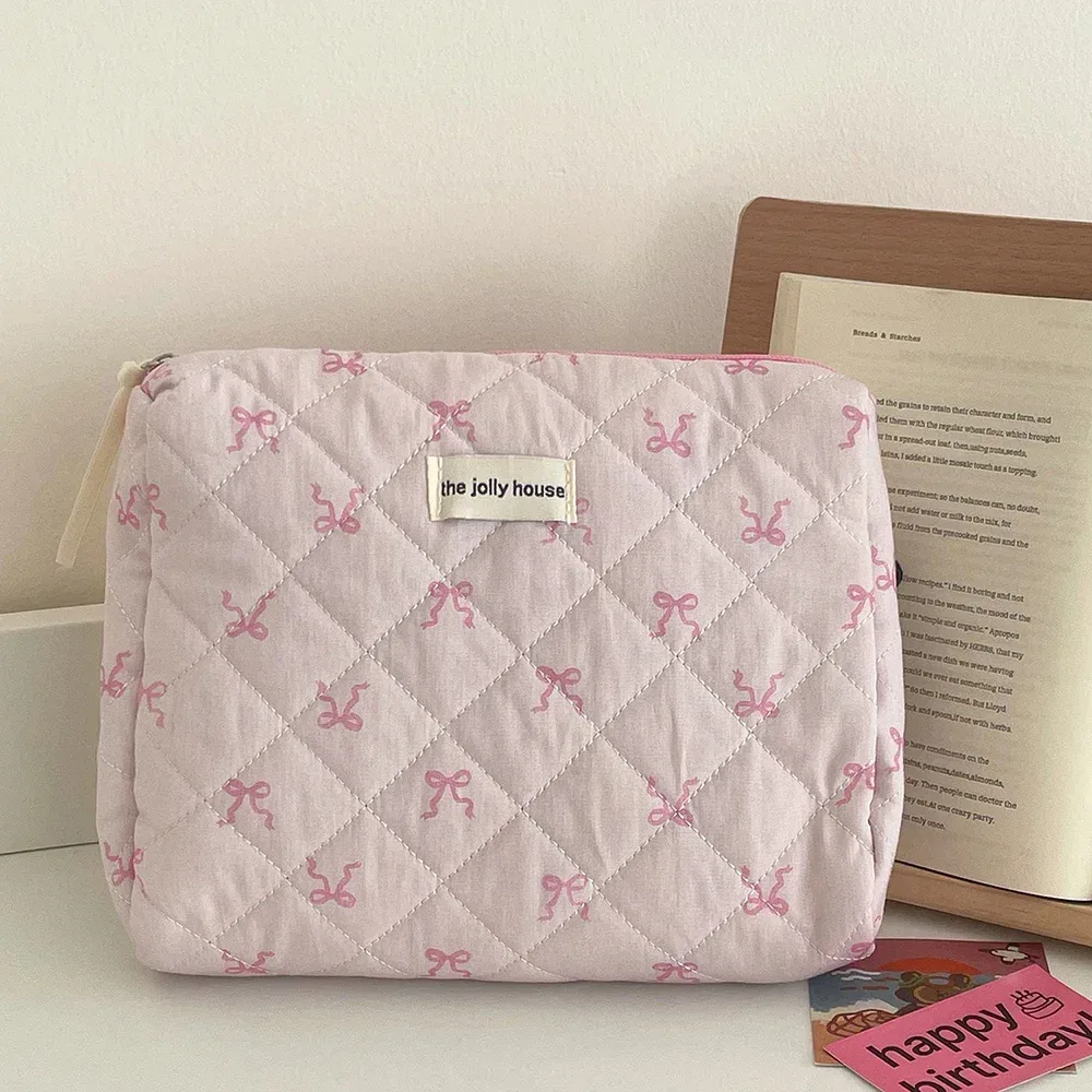 trousse cosmétique tissu coton rose pâle motif rubans matelassée fermeture glissière voyage femmes maquillage