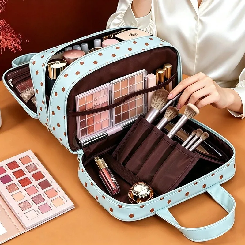 trousse de maquillage grande capacité à pois, sac de voyage portable pour cosmétiques, trousse de toilette étanche à main pour femmes