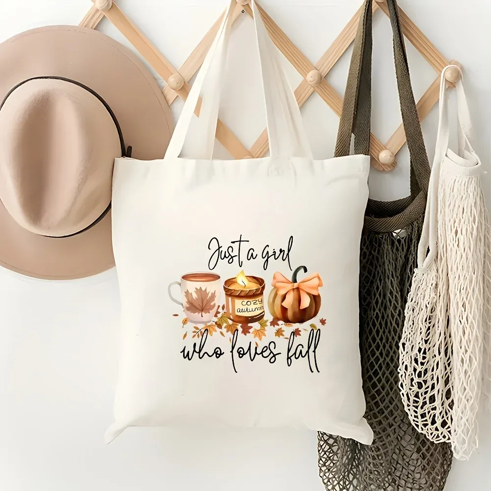 sac à imprimé automnal mignon, avec motifs citrouille, café et feuilles, sac fourre-tout durable, adapté à un usage quotidien et au style automnal confortable.