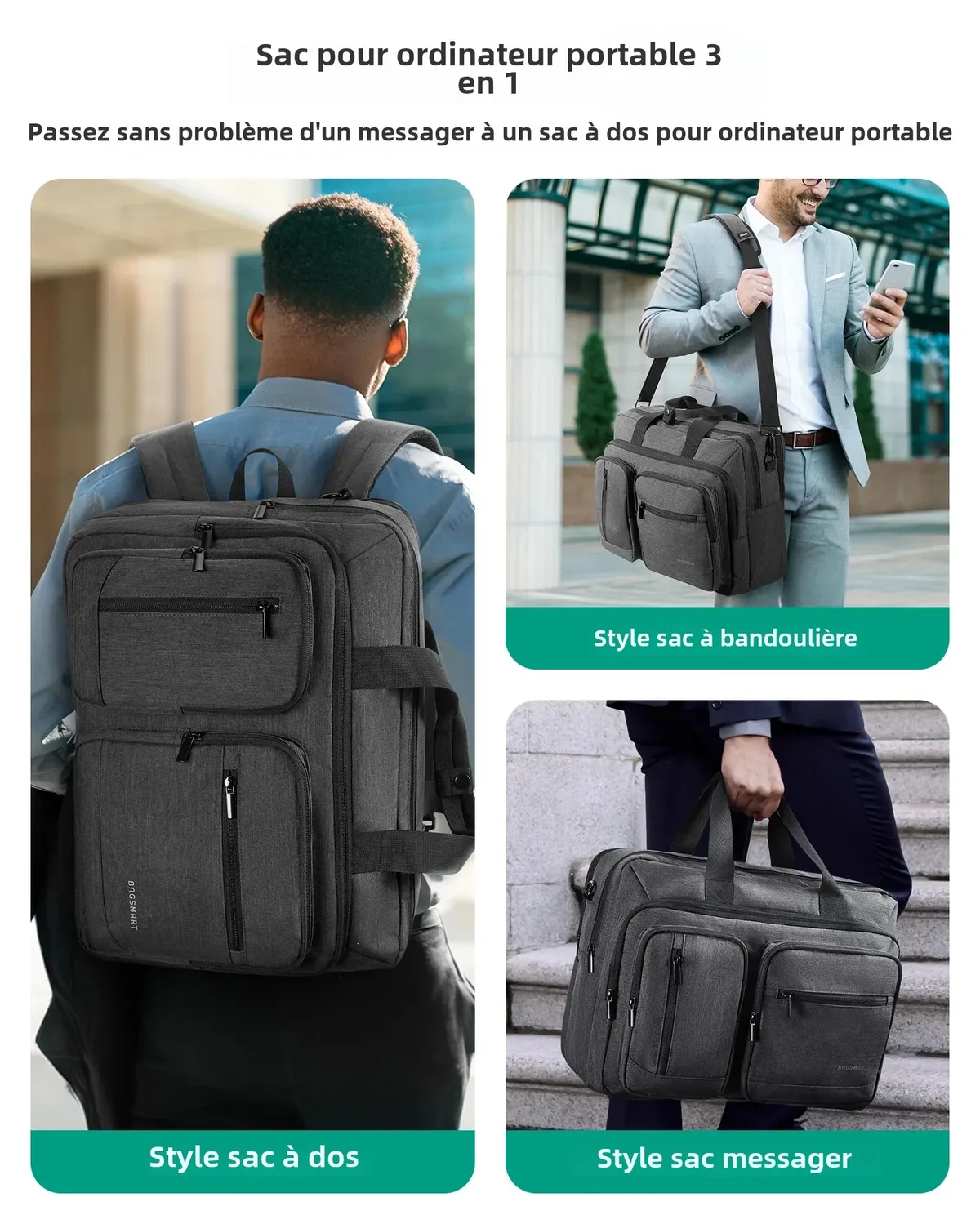sac dos pvc gris anthracite texturé 36 55 litres organisateur 7 poches rembourré anti choc voyage business école shopping sport