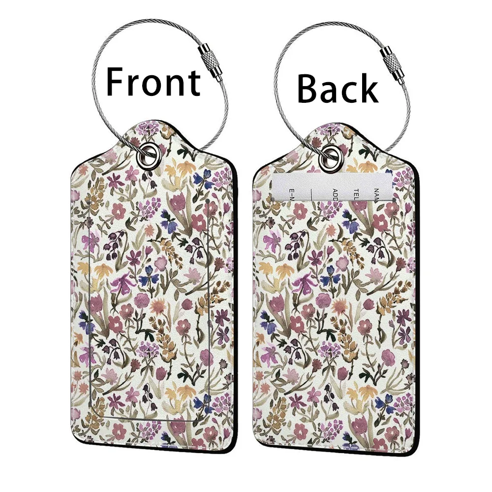 étiquette bagage polyuréthane motif floral subtil fond beige anneau métallique voyage affaires identification nom adresse