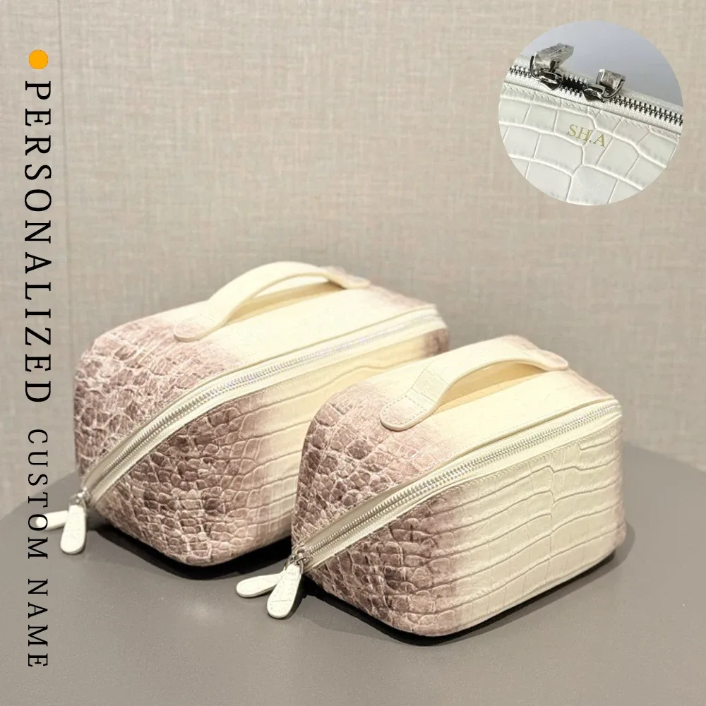 nouvelle trousse de maquillage premium pour femme en cuir véritable, organisateur cosmétique de voyage, couleur himalaya, motif crocodile embossé