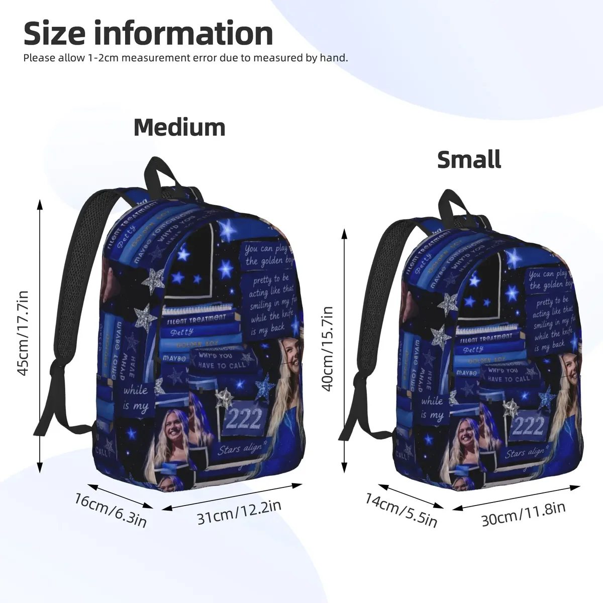 sac à dos freya skye avec patchwork photo et texte bleu, sacs à dos modernes pour garçons, sacs de randonnée souples, sacs d'école secondaire, sac à dos de créateur