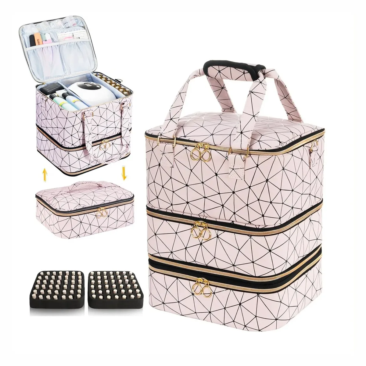 sac de rangement portable haut de gamme pour vernis à ongles, amovible, grande capacité, trois couches, peut contenir 84 flacons, avec compartiment pour lampe à ongles