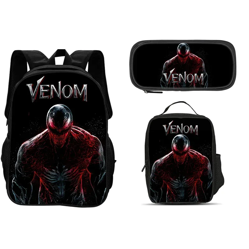 ensemble de 3 pièces du film venom : sac à dos + sac à lunch + trousse à crayons, papeterie de voyage à la mode, cadeau pour enfants, école, polyvalent