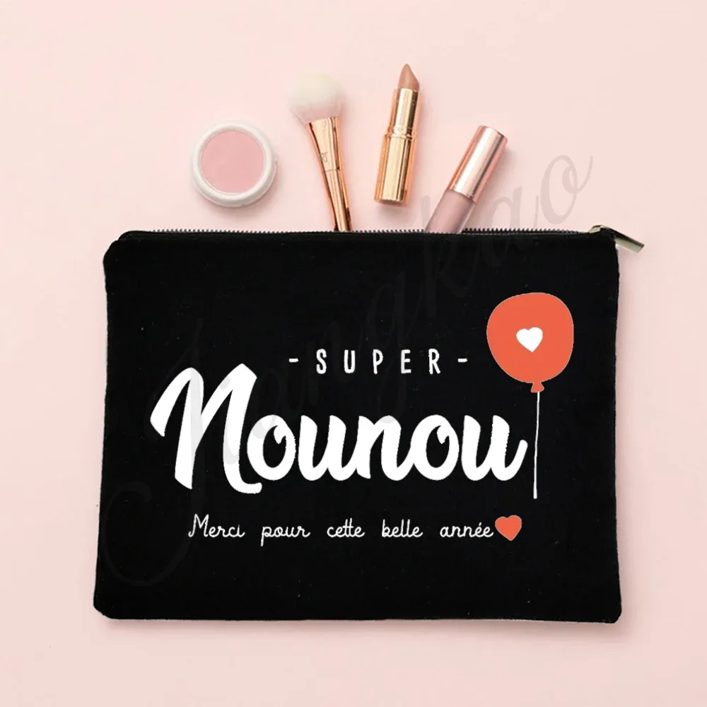 j'aime ma nounou, trousse de maquillage imprimée française, pochette de rangement de toilette de voyage, trousse à cosmétiques pour femmes, sacs à fermeture éclair, cadeau de remerciement pour nounou