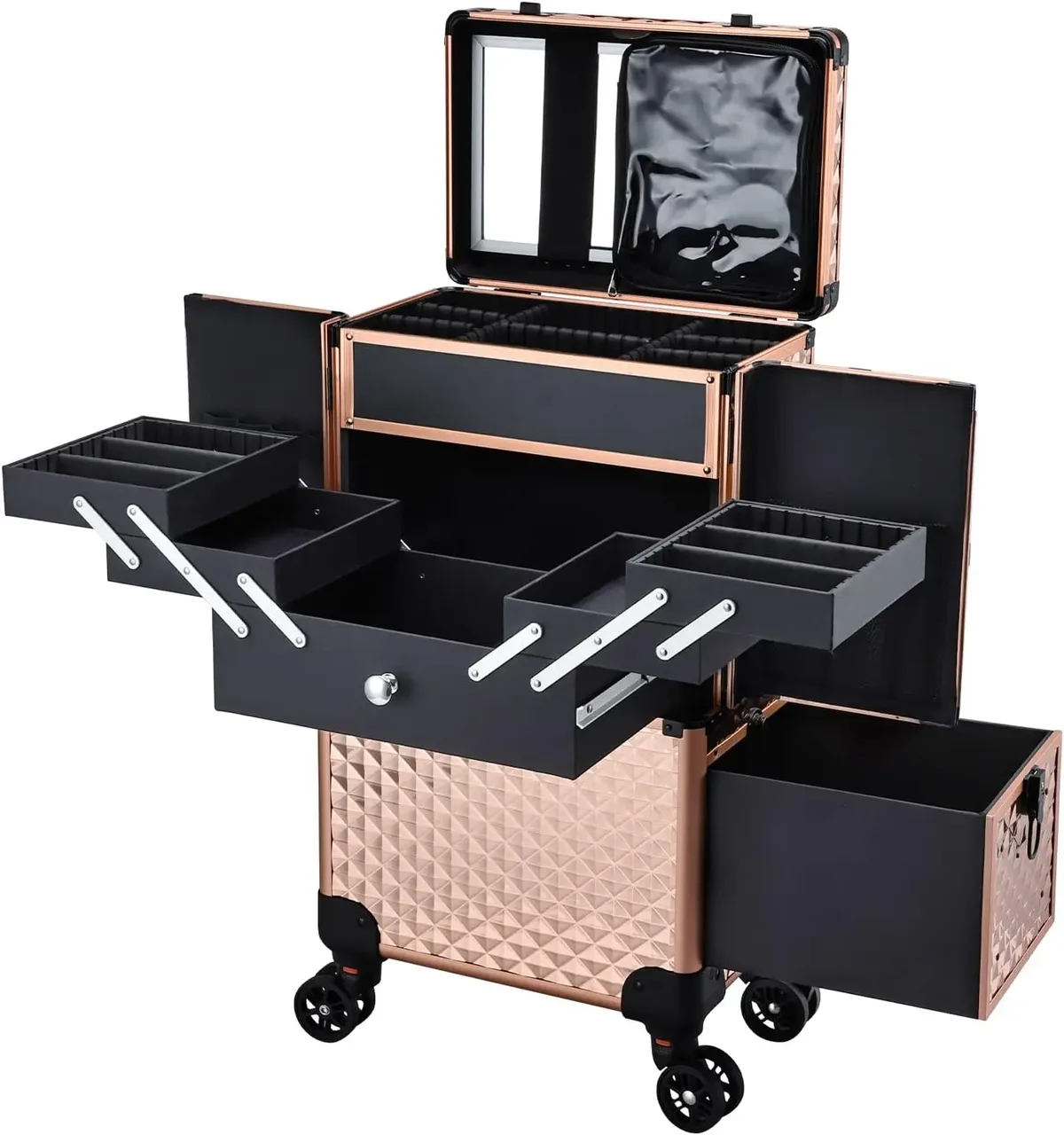 trolley de maquillage professionnel à roulettes avec grand tiroir profond et 4 plateaux, chariot de maquillage roulant, valise pour tatoueurs, barbiers et ongleries, station de maquillage, valise de cosmétologie à roulettes, table de manucure roulante