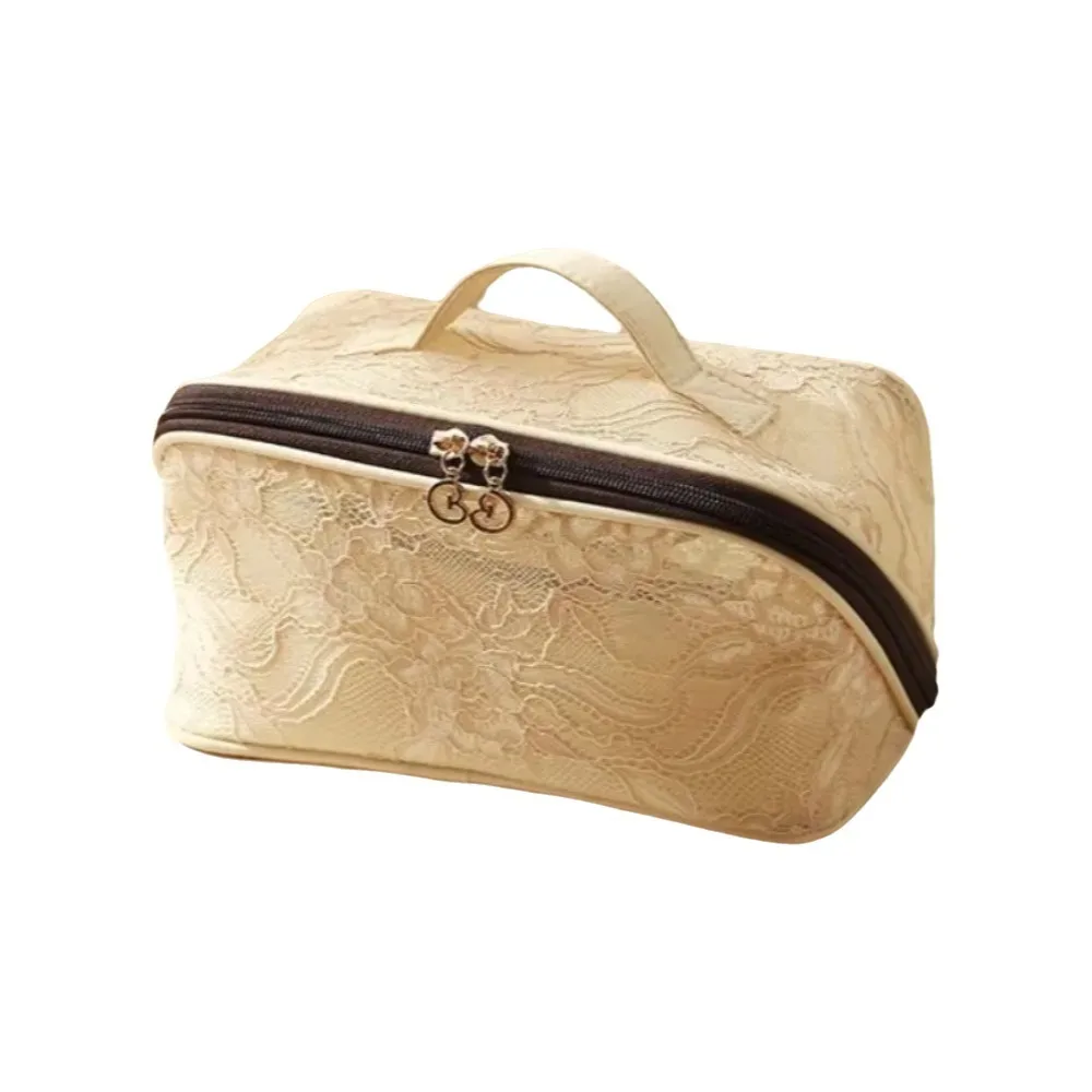 trousse de maquillage élégante en dentelle couleur unie grande capacité avec poignée sac de rangement cosmétique respirant trousse de toilette florale plage
