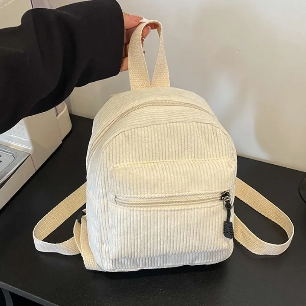 sac à dos mini en velours côtelé de couleur unie, léger, avec fermeture éclair, double bandoulière, multi-poches, style vintage, pour le quotidien et les voyages
