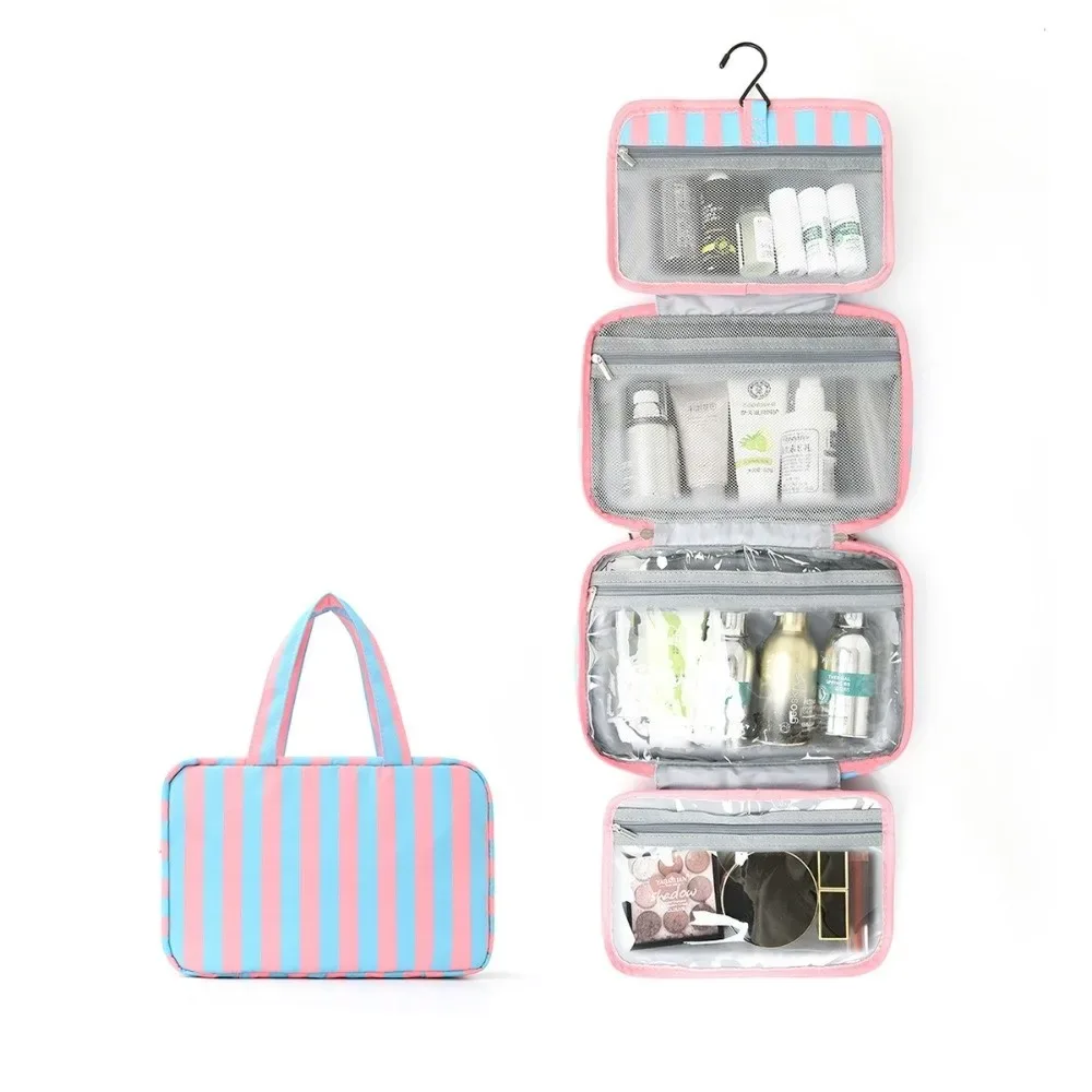 trousse de toilette de voyage suspendue portable 4-en-1 avec crochet, grande capacité, rayée, pour maquillage et cosmétiques