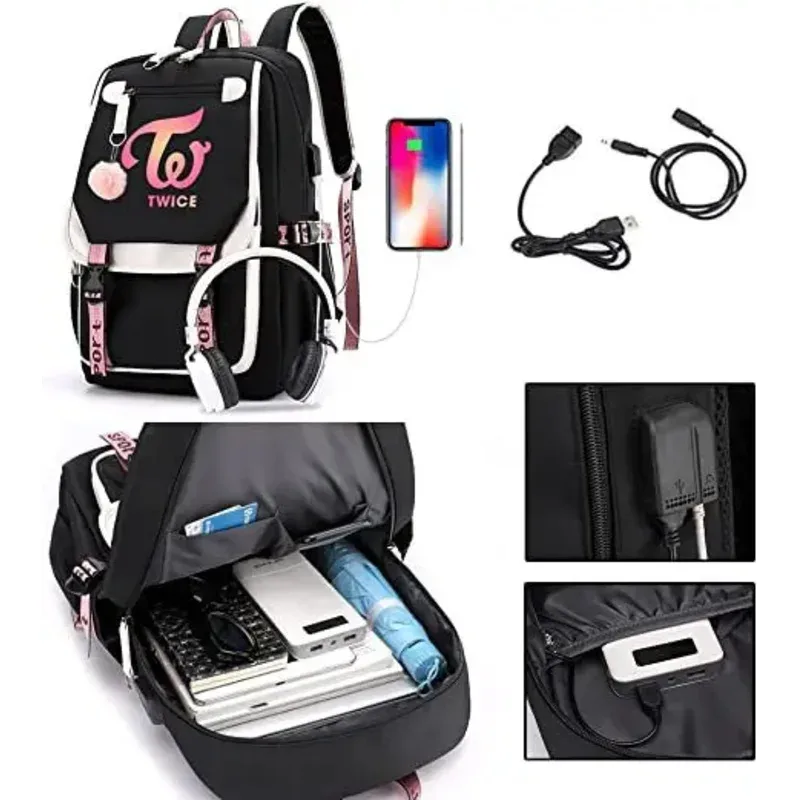 Sac Dos Polyester Noir Bandes Blanches Roses Poche Devant Dessin Fille Ailes Étoile Portable Voyager