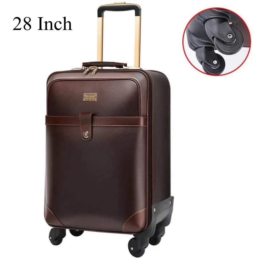 valise carrée cuir marron accents dorés roulettes quatre coins ceinture maintien intérieur marron affaires voyage