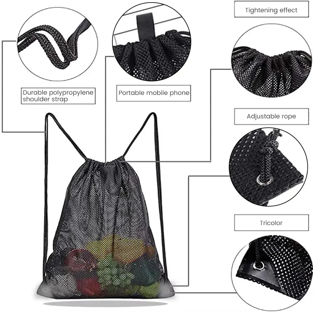 sac à dos en maille avec cordon de serrage, sac de sport robuste, multifonction, pliable, pochette en filet ventilée, porte-équipement de natation et de pêche, pour l'extérieur
