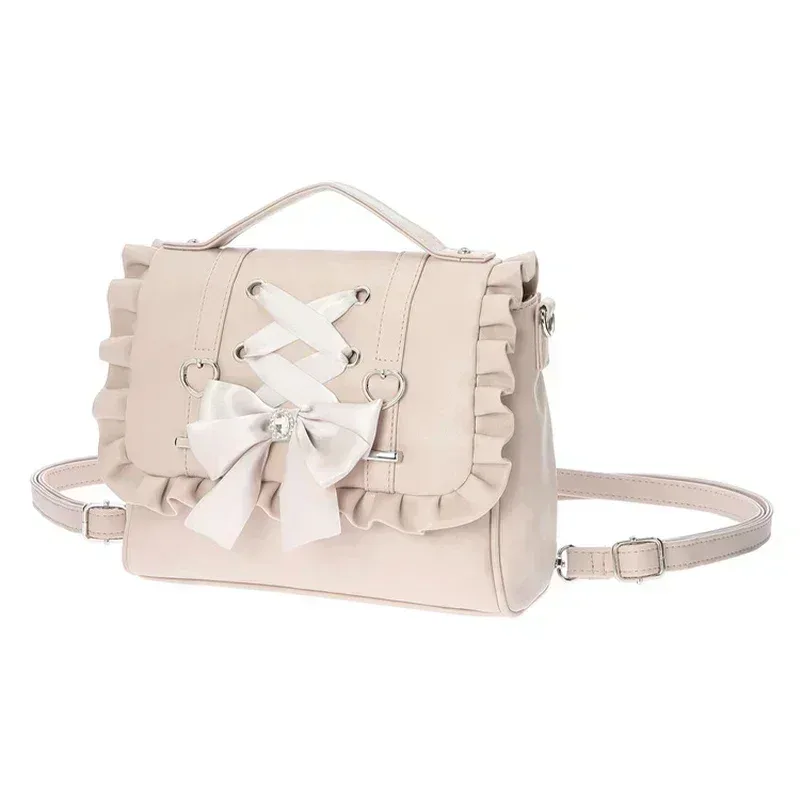 sac en cuir pu sweet lolita, sac à bandoulière avec nœud en cœur, style scolaire kawaii y2k jk, rose blanc noir, cadeau kawaii pour filles
